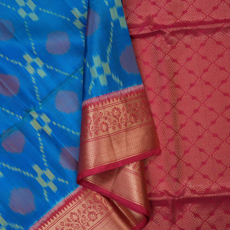 Hayagrivas Aqua Blue Handloom Ikkat Soft Silk Saree KBE132D1-1 - Image 2
