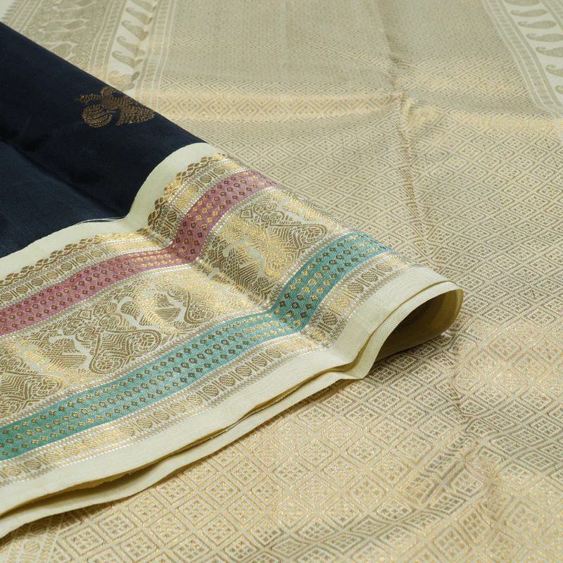 Hayagrivas Black Handloom Kanjivaram Silk Saree with Half White Border KBD2002B1-1 - Image 4