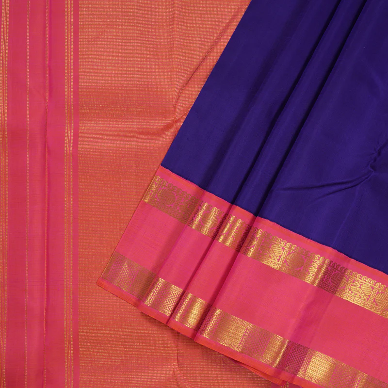 Hayagrivas Blue Handloom Kanjivaram Silk Saree with Orangish Pink Border KBD1624A4-1 - Image 2