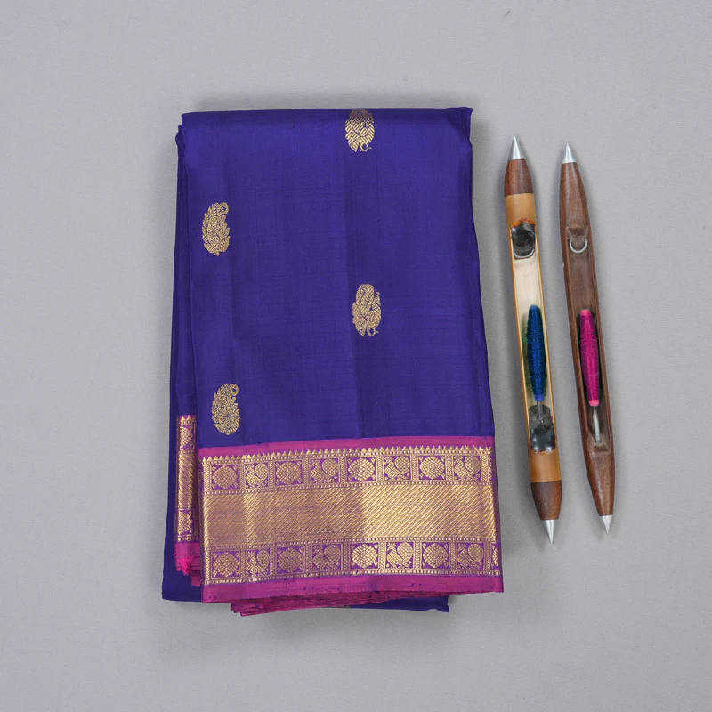 Hayagrivas Blue Handloom Kanjivaram Silk Saree with Purple Border KBD1616A1-1