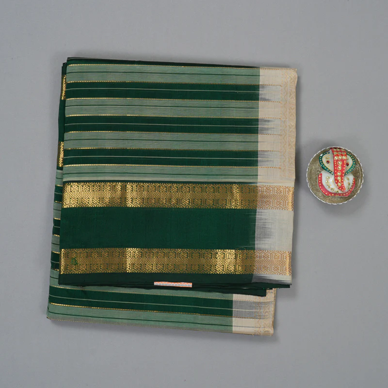 Hayagrivas Bottle Green & Cream Stripes Pure Silk Cotton Saree SSCBF37D1-8 - Image 2