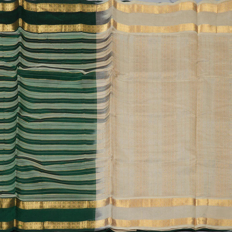 Hayagrivas Bottle Green & Cream Stripes Pure Silk Cotton Saree SSCBF37D1-8 - Image 4
