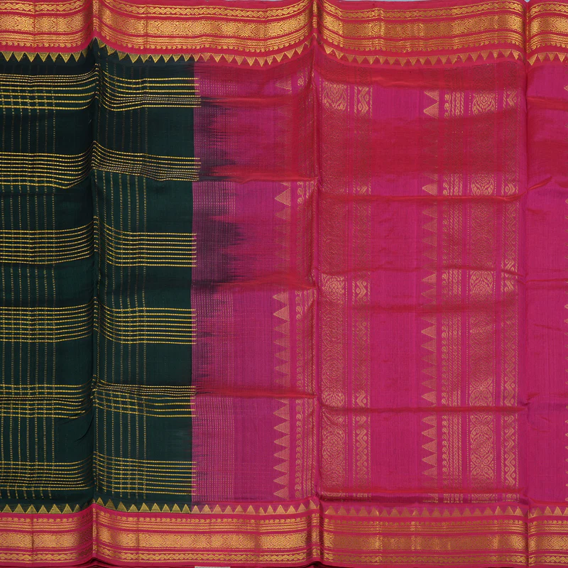 Hayagrivas Bottle Green Pure Silk Cotton Saree with Pink Border KBE1724K6-1 - Image 4