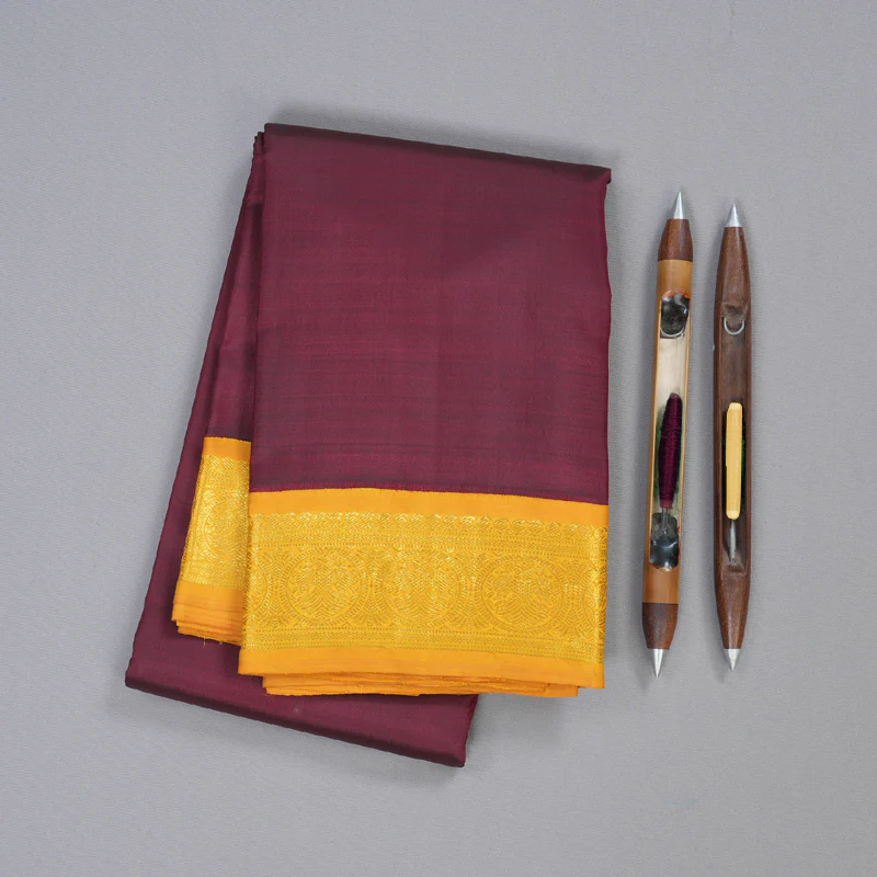 Hayagrivas Dark Purple Handloom Kanjivaram Silk Saree with Mustard Border BBD951J2-11