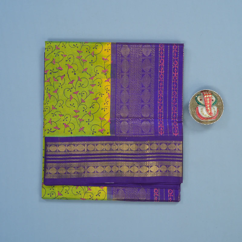 Hayagrivas Fluoresecent Green & Yellow Pure Printed Silk Cotton Saree HBF62D4-7