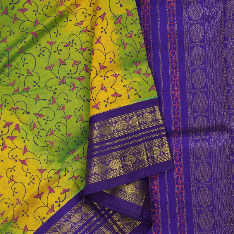 Hayagrivas Fluoresecent Green & Yellow Pure Printed Silk Cotton Saree HBF62D4-7 - Image 2
