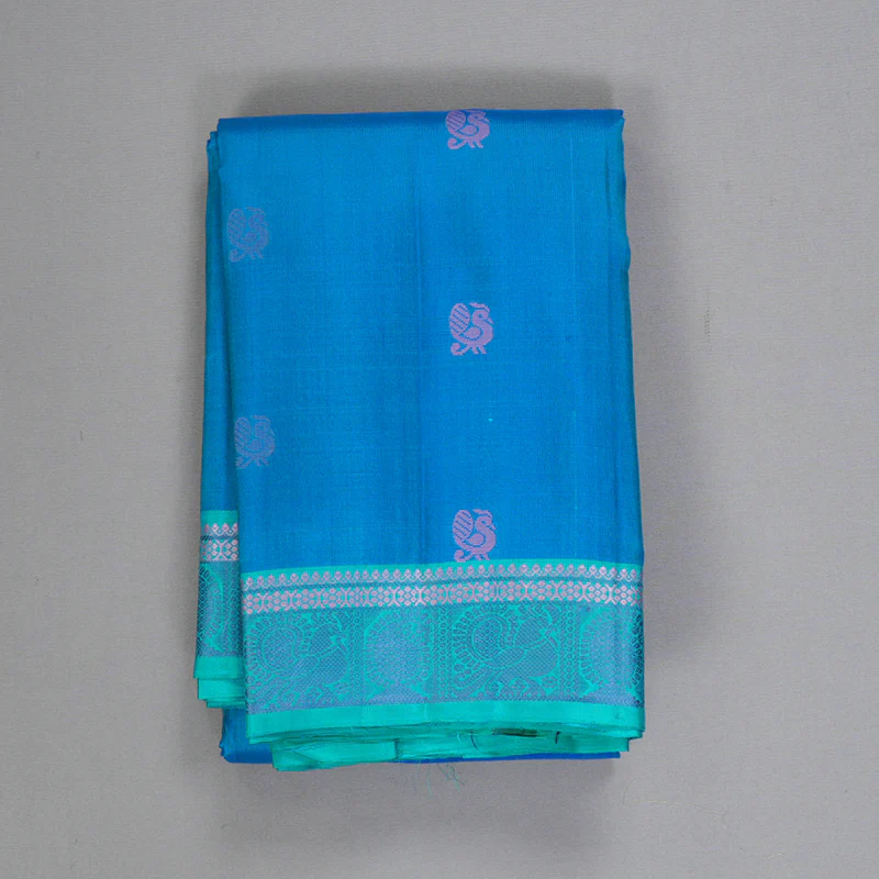 Hayagrivas Handloom Aqua Blue Kanjivaram Silk Saree with Sea Blue Border KBF287E9-4 - Image 2