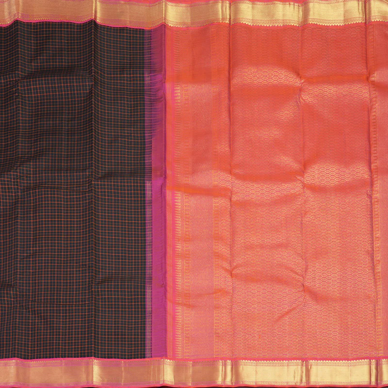Hayagrivas Handloom Black Kanjivaram Silk Saree with Orangish-Pink Border KBF526F5-1 - Image 5