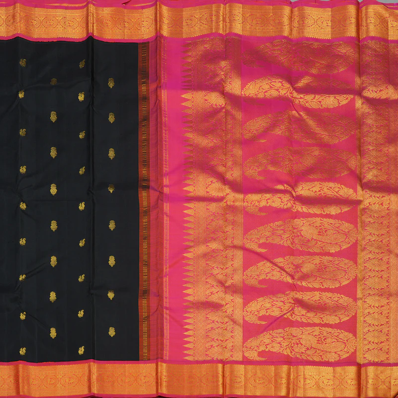Hayagrivas Handloom Black Kanjivaram Silk Saree with Rani Pink Border KBE988I1-1 - Image 6
