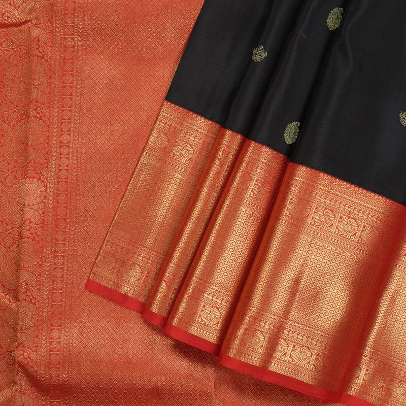 Hayagrivas Handloom Black Kanjivaram Silk Saree with Red Border KBE858H1-1 - Image 2