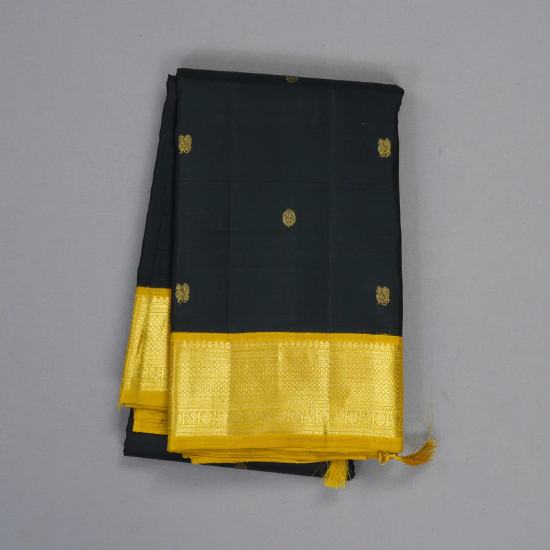 Hayagrivas Handloom Black Kanjivaram Silk Saree with Sampanga Yellow Border KBF132D1-1 - Image 2