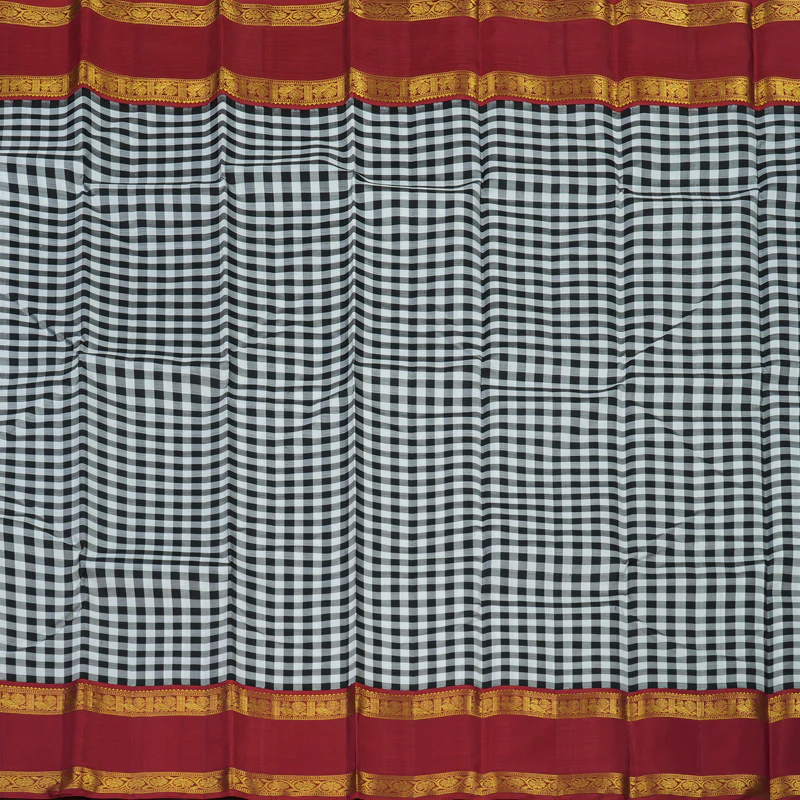Hayagrivas Handloom Black & White Checks Kanjivaram Silk Saree with Maroon Border KBF9D6-1 - Image 4