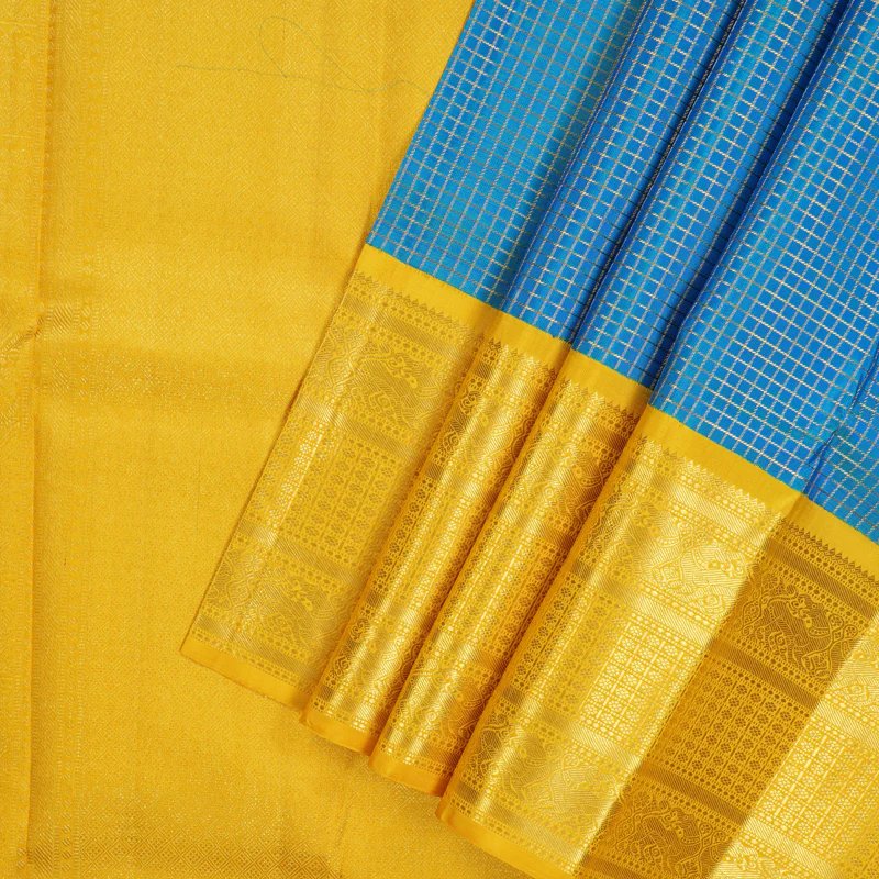 Hayagrivas Handloom Blue-Green Kanjivaram Silk Saree with Yellow Border KBE1999L36-1 - Image 4