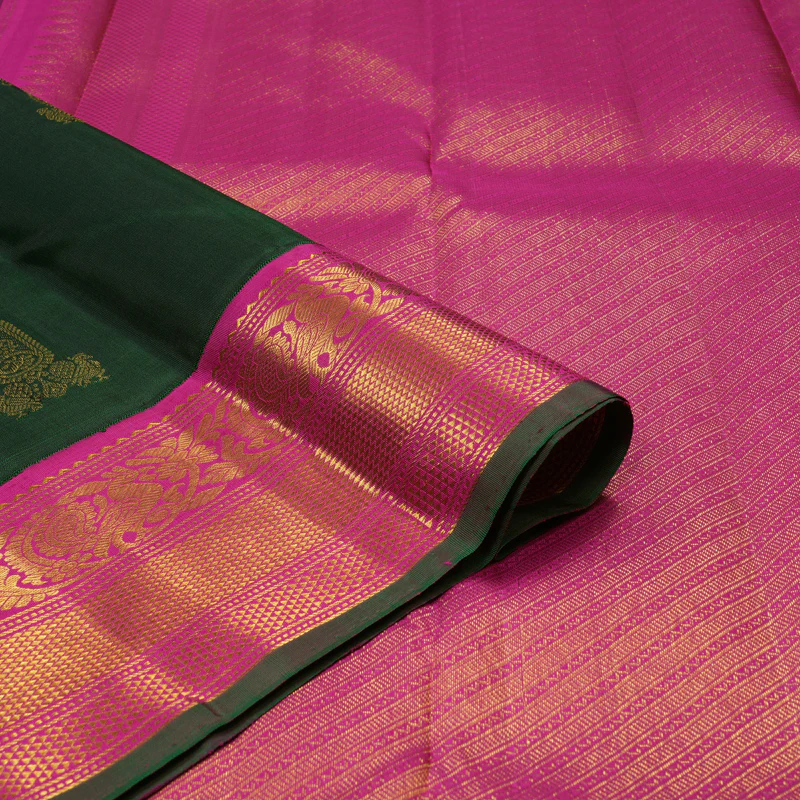 Hayagrivas Handloom Bottle Green Kanjivaram Silk Saree with Magenta Border KBE1582K3-2 - Image 4