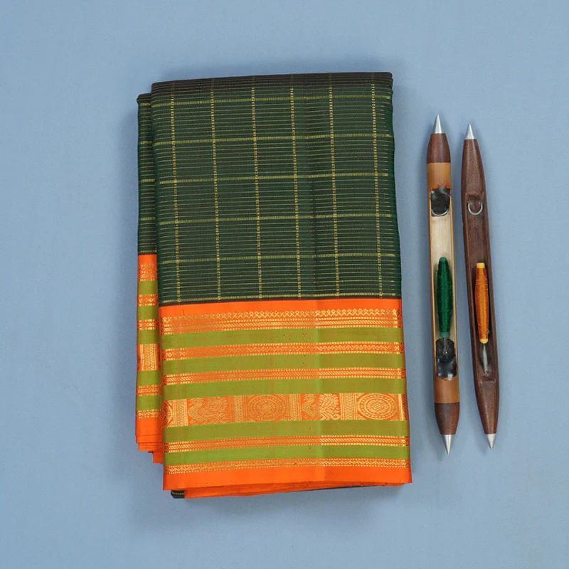 Hayagrivas Handloom Bottle Green Kanjivaram Silk Saree with Orange Border KBE2466C4-1 - Image 2