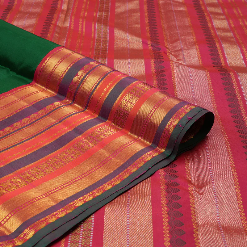 Hayagrivas Handloom Bottle Green Kanjivaram Silk Saree with Orangish-Pink Border KBE2360B6-1 - Image 3