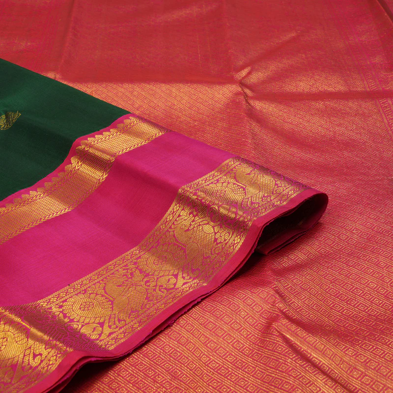 Hayagrivas Handloom Bottle Green Kanjivaram Silk Saree with Pink border KBE1156I5-2 - Image 3