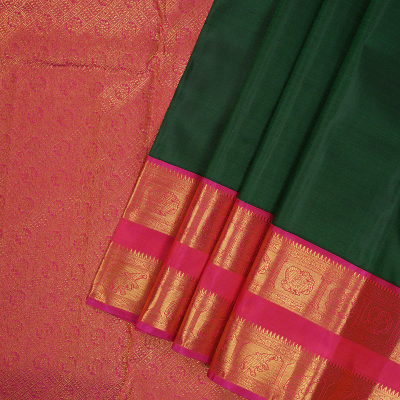 Hayagrivas Handloom Bottle Green Kanjivaram Silk Saree with Pink Border KBE2128A2-3 - Image 4