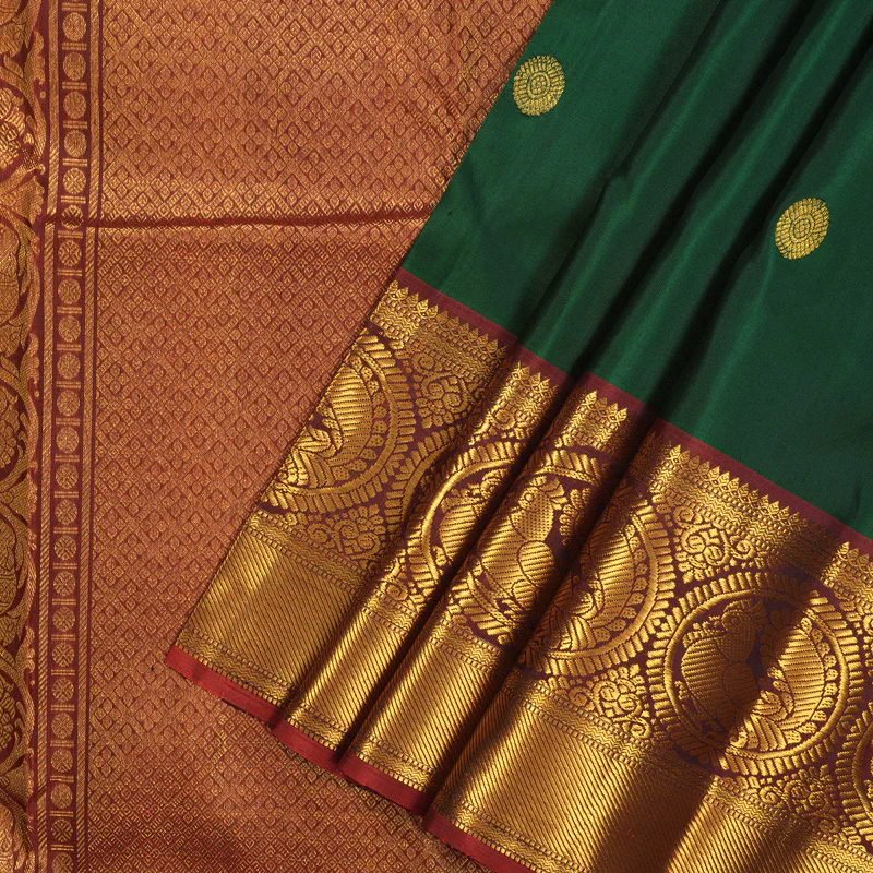 Hayagrivas Handloom Bottle Green Kanjivaram Silk Saree with Rust Orange Border KBE1697K7-1 - Image 3