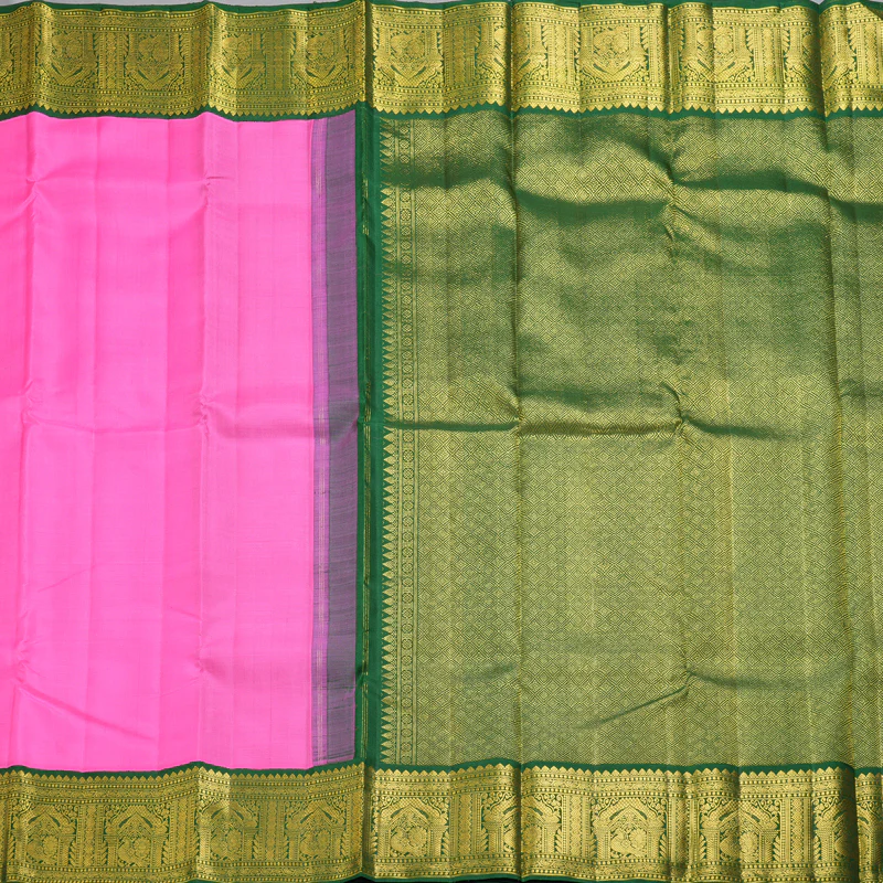 Hayagrivas Handloom Bright Pink Kanjivaram Silk Saree with Bottle Green Border KBF325E2-3 - Image 4