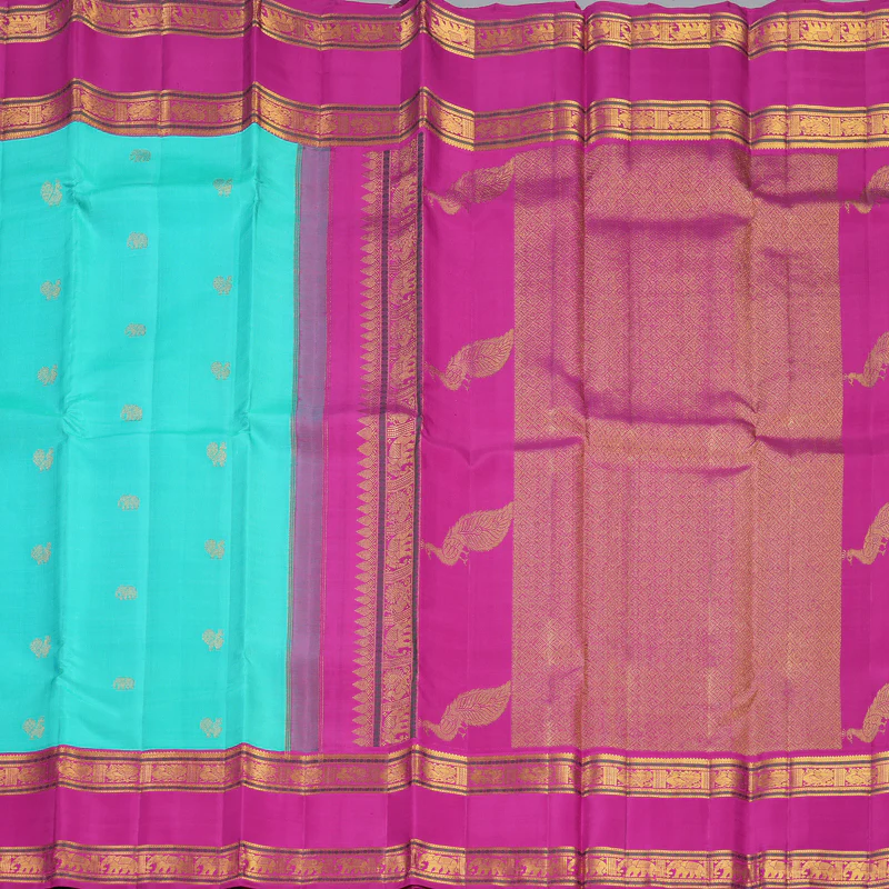 Hayagrivas Handloom Bright Teal Kanjivaram Silk Saree with Rani Pink Border KBF449F7-1 - Image 5