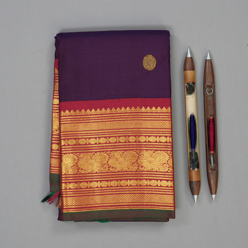 Hayagrivas Handloom Brinjal Purple Kanjivaram Silk Saree with Maroon Border KBE2075A5-4