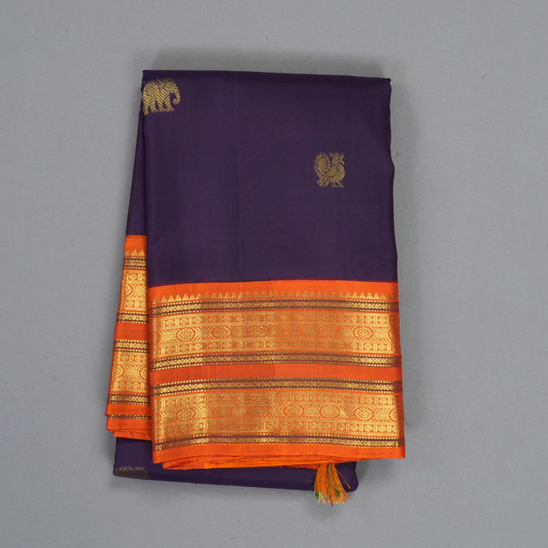 Hayagrivas Handloom Brinjal Purple Kanjivaram Silk Saree with Orange Border KBF205E7-1 - Image 2