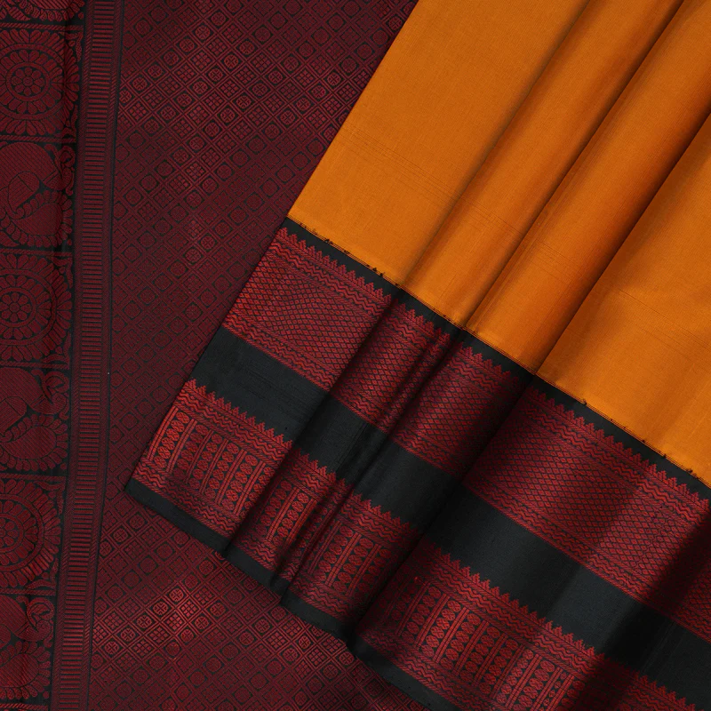 Hayagrivas Handloom Carrot Orange Kanjivaram Silk Saree with Black Border KBF112D1-2 - Image 3