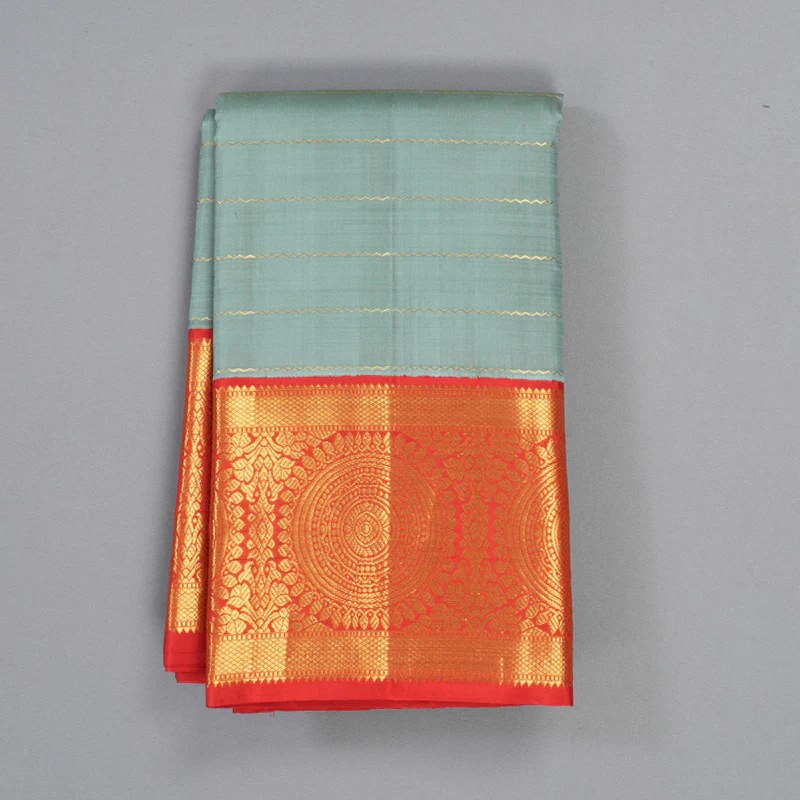 Hayagrivas Handloom Cement Green Kanjivaram Silk Saree with Red Border KBF455F5-1 - Image 2