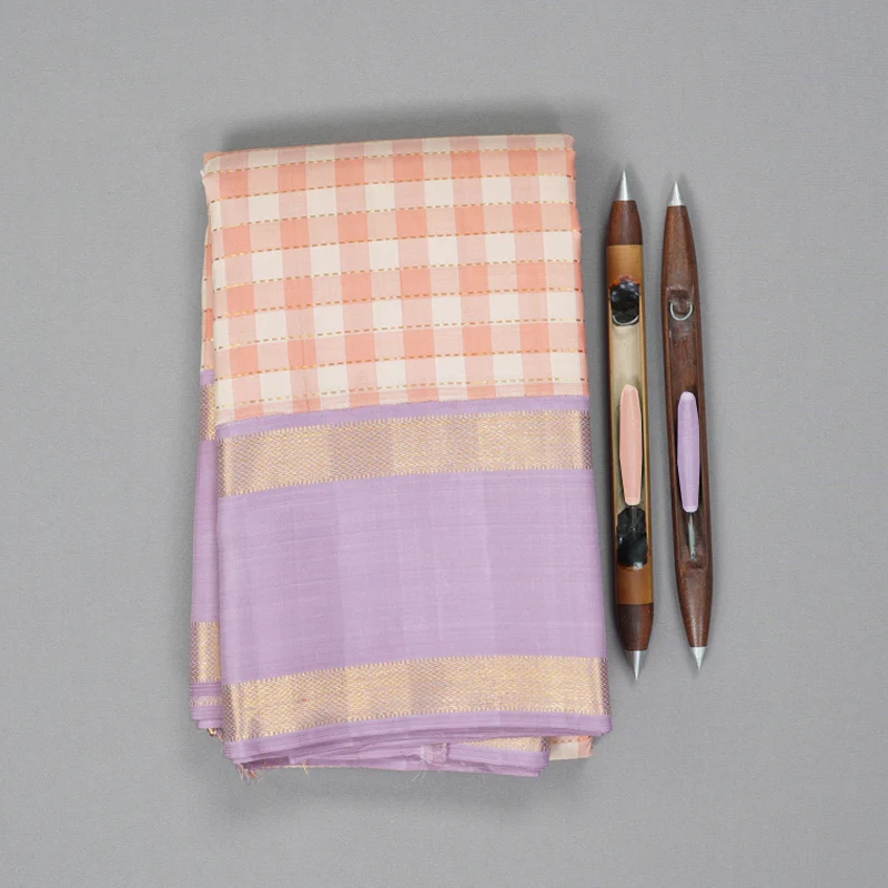 Hayagrivas Handloom Cream & Peach Checks Kanjivaram Silk Saree KBF155D3-1 - Image 2