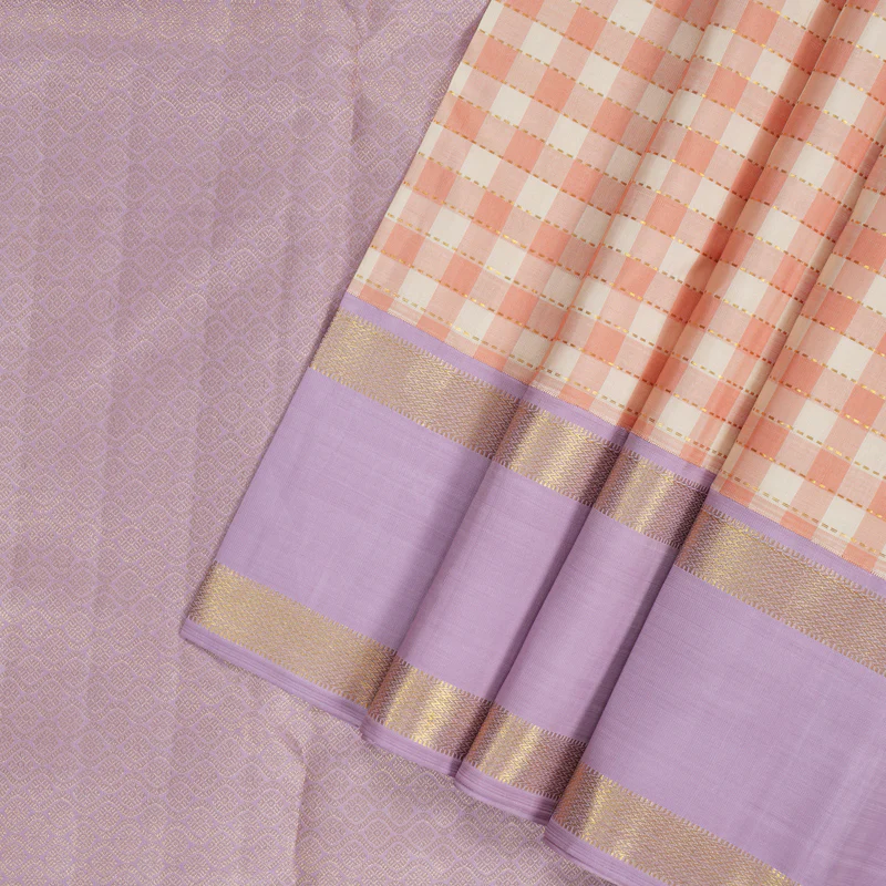 Hayagrivas Handloom Cream & Peach Checks Kanjivaram Silk Saree KBF155D3-1 - Image 8