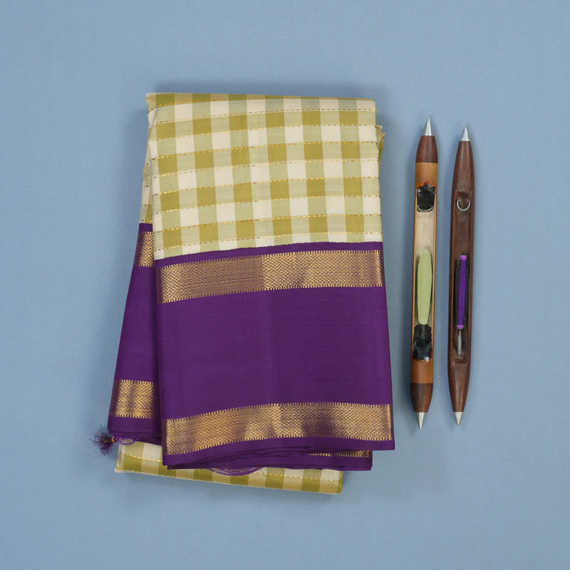 Hayagrivas Handloom Cream & Pista Green Checks Kanjivaram Silk Saree with Purple Border KBE2457C4-1 - Image 2