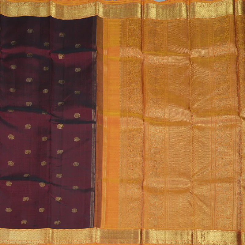 Hayagrivas Handloom Dark Maroon Kanjivaram Silk Saree with Golden Orange Border KBE1593K2-1 - Image 7