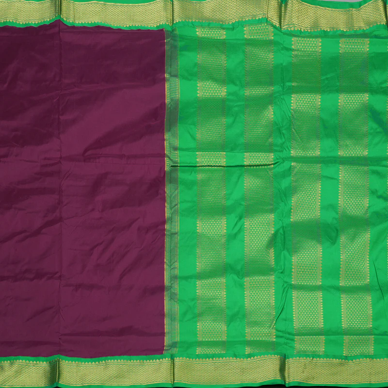 Hayagrivas Handloom Dark Purple Ten Yards Silk Saree with Parrot Green Border KBE2099A1-15 - Image 4