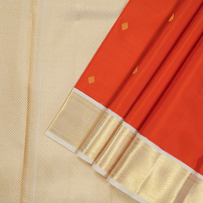 Hayagrivas Handloom Deep Orange Kanjivaram Silk Saree with Half White Border KBE1063I3-1 - Image 2