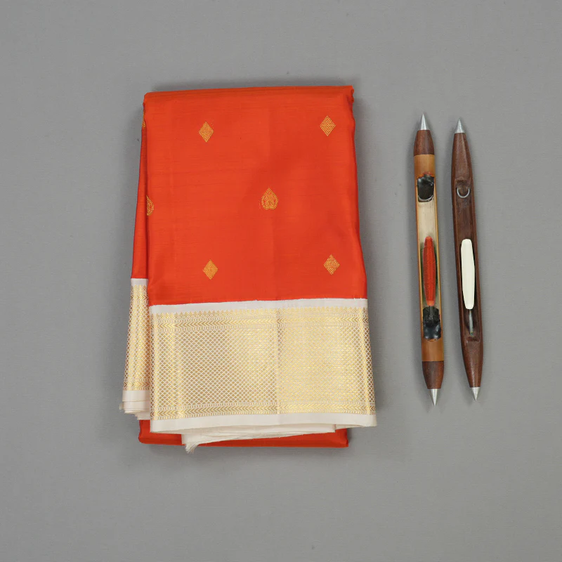 Hayagrivas Handloom Deep Orange Kanjivaram Silk Saree with Half White Border KBE1063I3-1 - Image 3