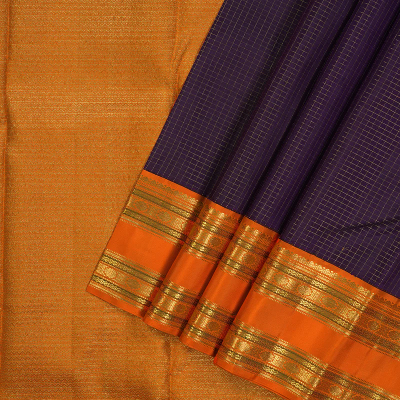 Hayagrivas Handloom Deep Violet Kanjivaram Silk Saree with Orange Border KBE464F2-1 - Image 2