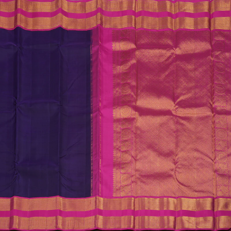 Hayagrivas Handloom Deep Violet Kanjivaram Silk Saree with Rani Pink Border KBE1484J2-1 - Image 6