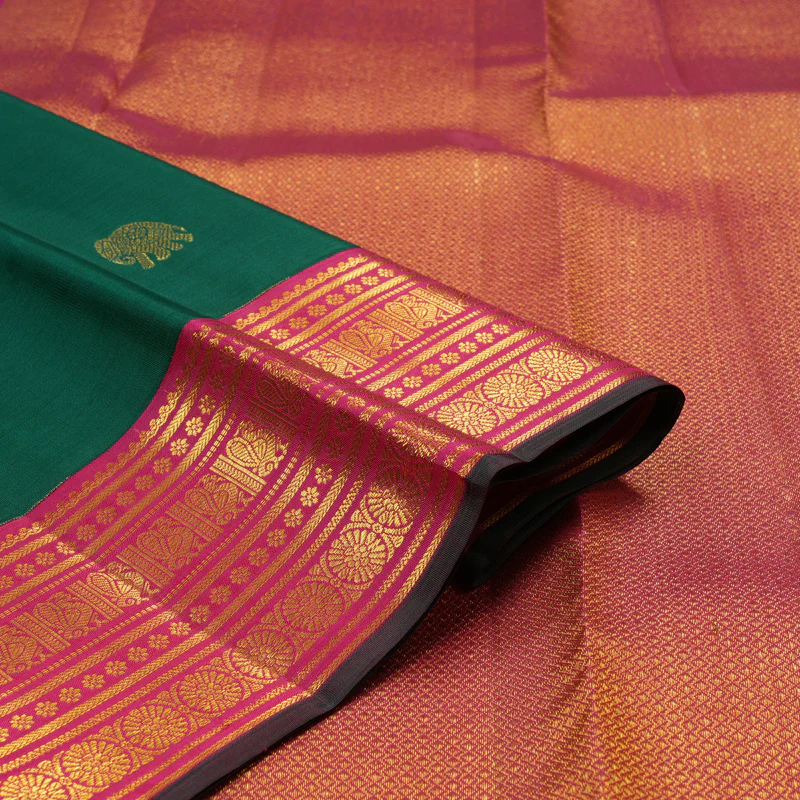 Hayagrivas Handloom Emerald Green Kanjivaram Silk Saree with Rani Pink Border KBE2247B14-3 - Image 4