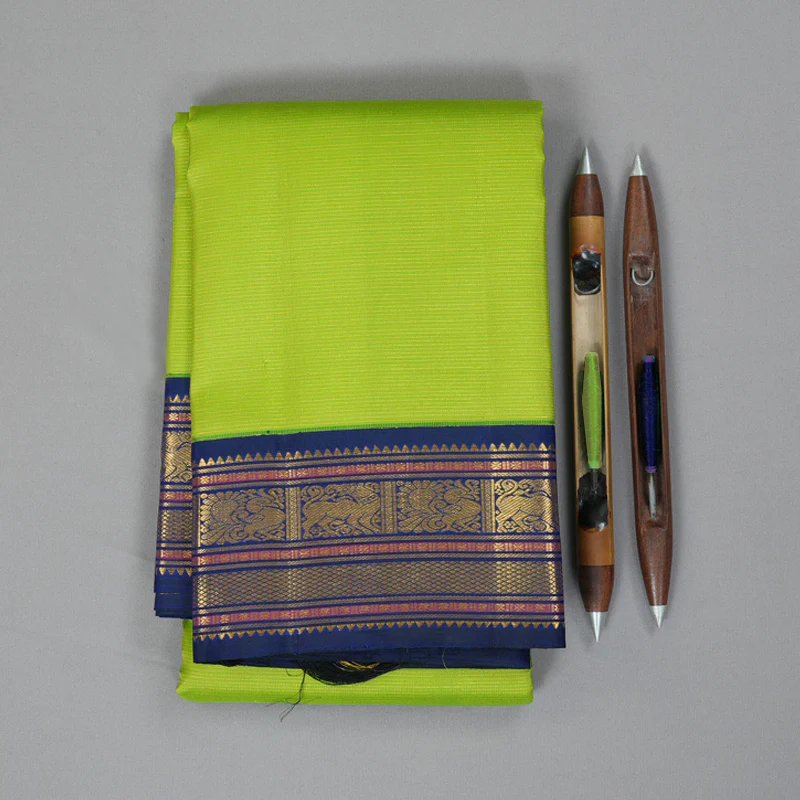 Hayagrivas Handloom Fluorescent Green Kanjivaram Silk Saree with Ink Blue Border KBF303E4-2