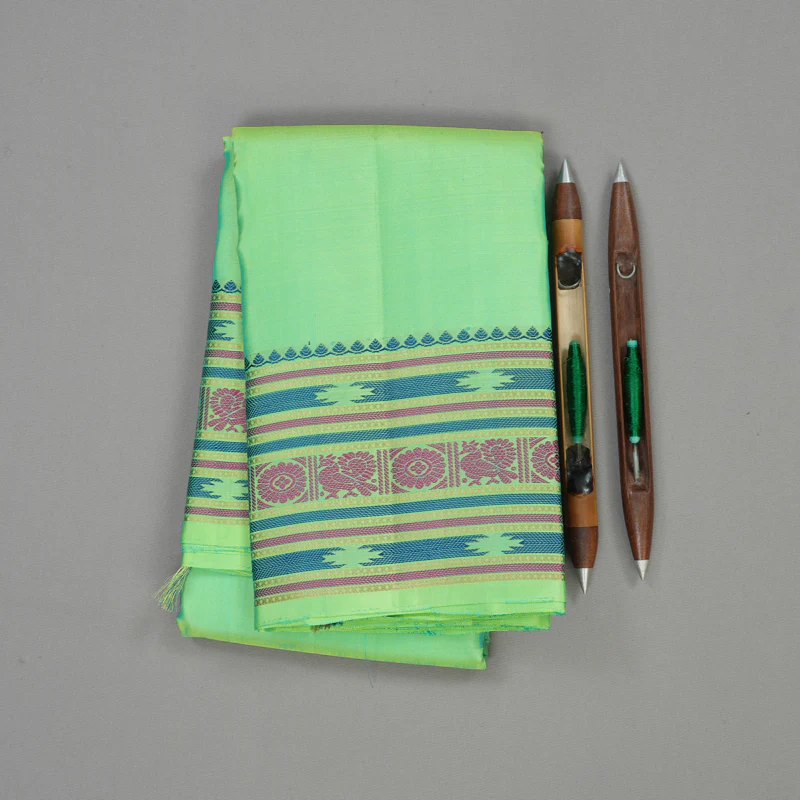 Hayagrivas Handloom Fluorescent Green Kanjivaram Silk Saree with Multicolour Border KBE1121I4-1 - Image 2