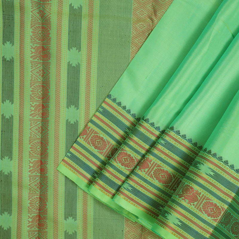 Hayagrivas Handloom Fluorescent Green Kanjivaram Silk Saree with Multicolour Border KBE1121I4-1 - Image 4