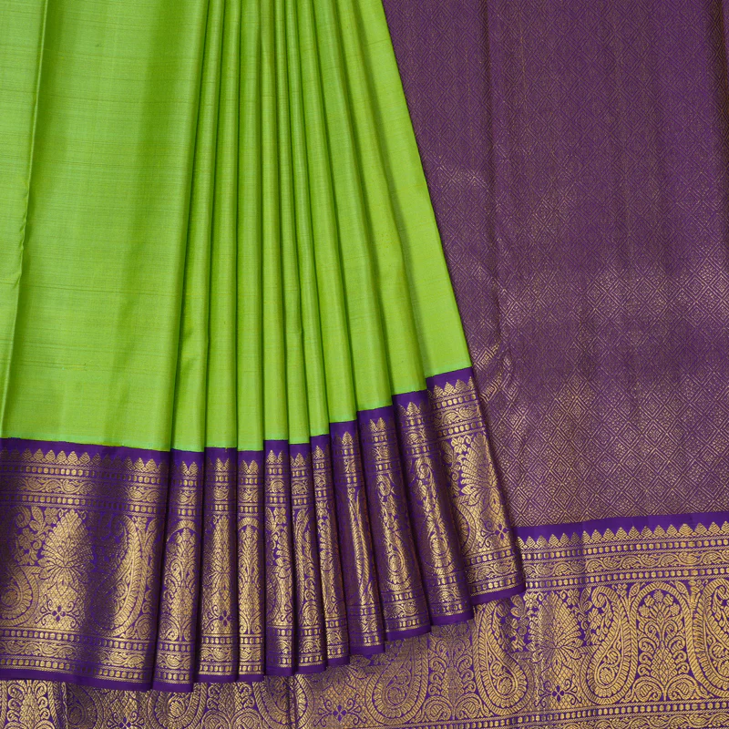 Hayagrivas Handloom Fluorescent Green Kanjivaram Silk Saree with Purple Border KBF149D1-1