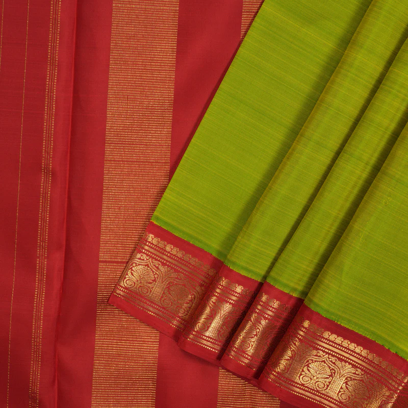 Hayagrivas Handloom Fluorescent Green Kanjivaram Silk Saree with Red Border KBE2047A3-1 - Image 2