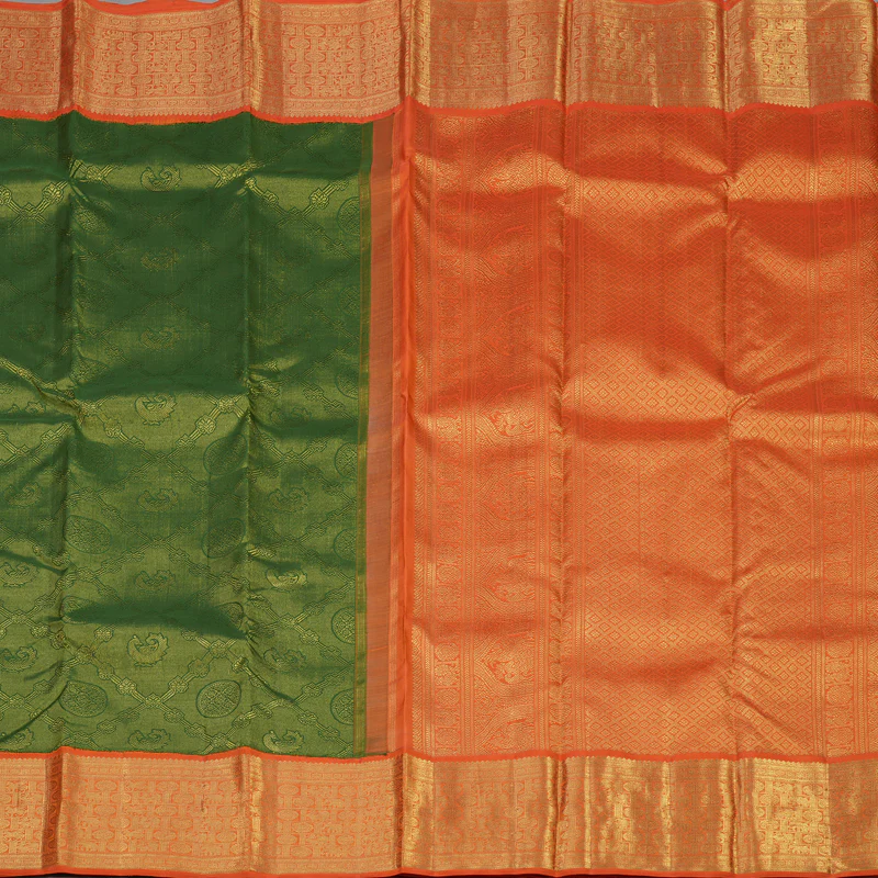 Hayagrivas Handloom Forest Green Kanjivaram Silk Saree with Orange Border BE460-SBS  KBEL460C1-1 - Image 7