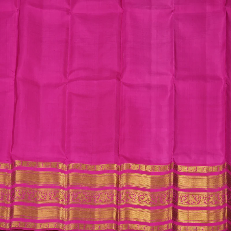 Hayagrivas Handloom Golden Yellow Kanjivaram Pattu Pavadai with Rani Pink Border KBE408E13-1 - Image 3