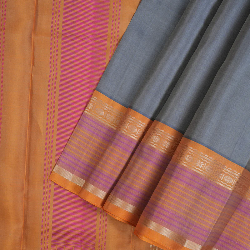 Hayagrivas Handloom Grey Kanjivaram Silk Saree with Orange Border KSBE135C9-2 - Image 2
