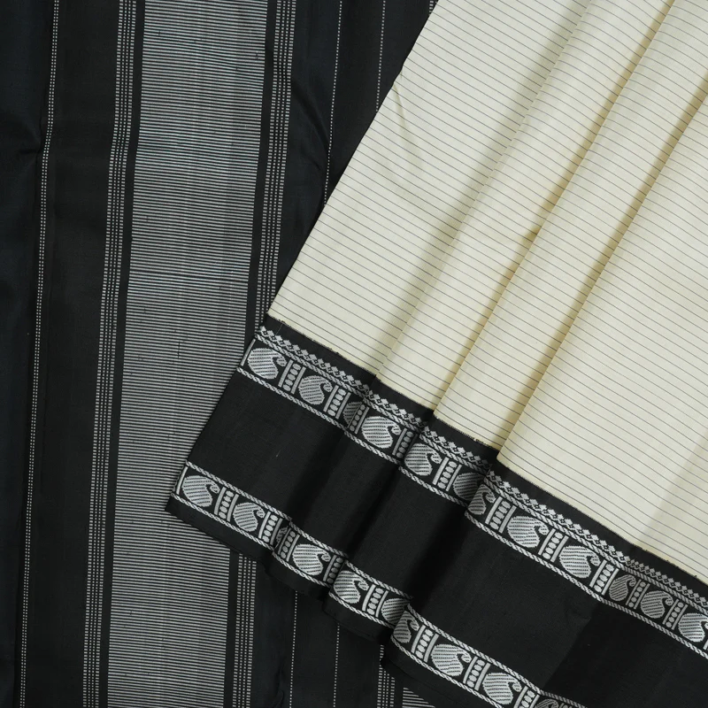 Hayagrivas Handloom Half-White Kanjivaram Silk Saree with Black Border KBE854H4-1 - Image 2