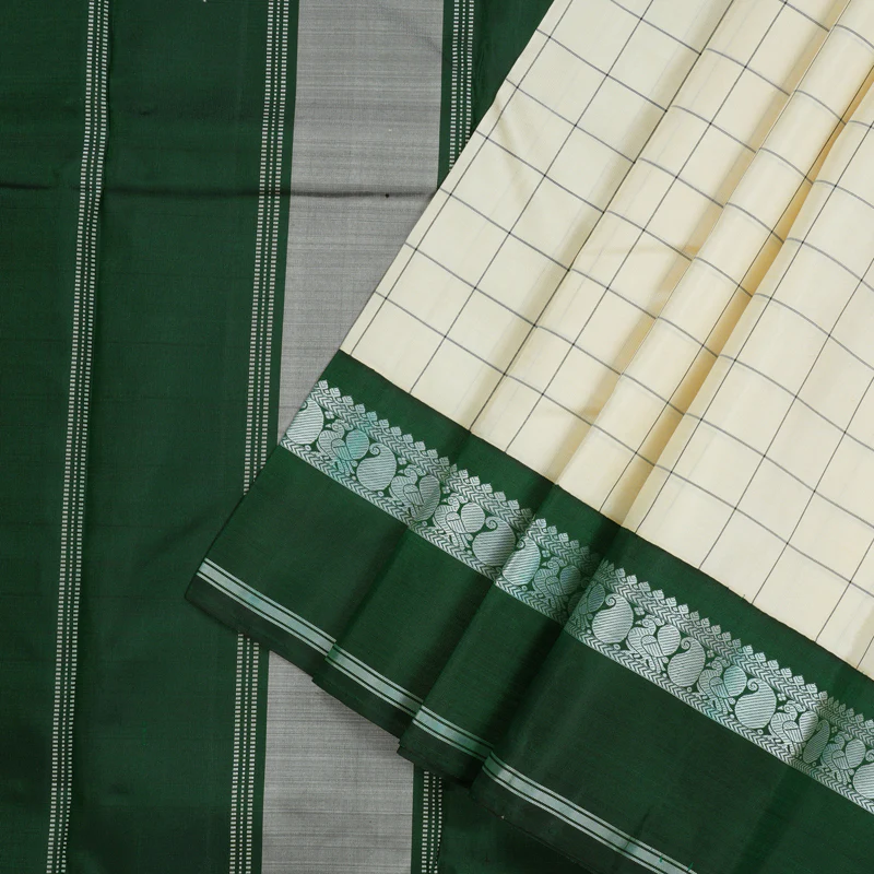 Hayagrivas Handloom Half White Kanjivaram Silk Saree with Bottle Green Border KBD1707A3-2 - Image 2