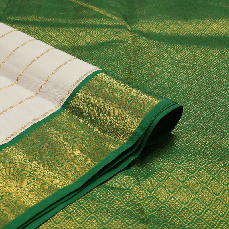 Hayagrivas Handloom Half White Kanjivaram Silk Saree with Dark Green Border KBE1748K1-1 - Image 3